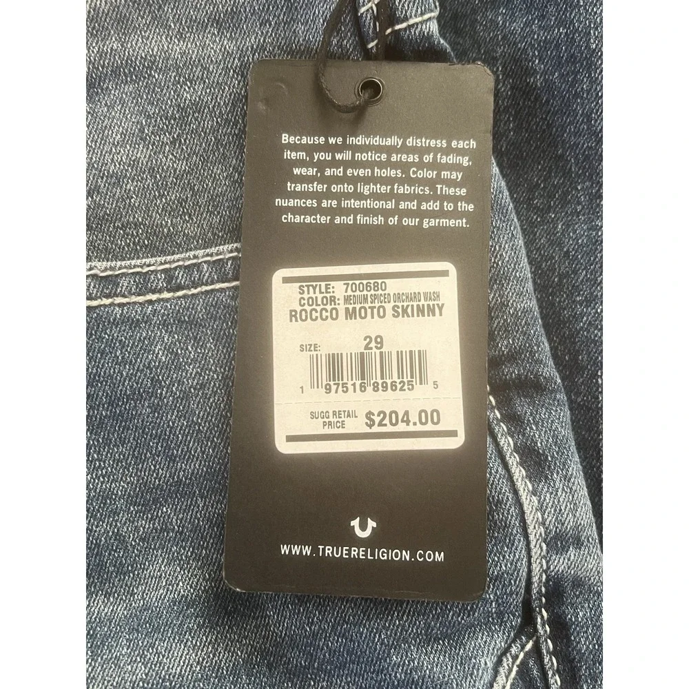 NWT True Religion Men's Rocco Moto Skinny Jeans 29X32 Medium Spiced Orchard Wash